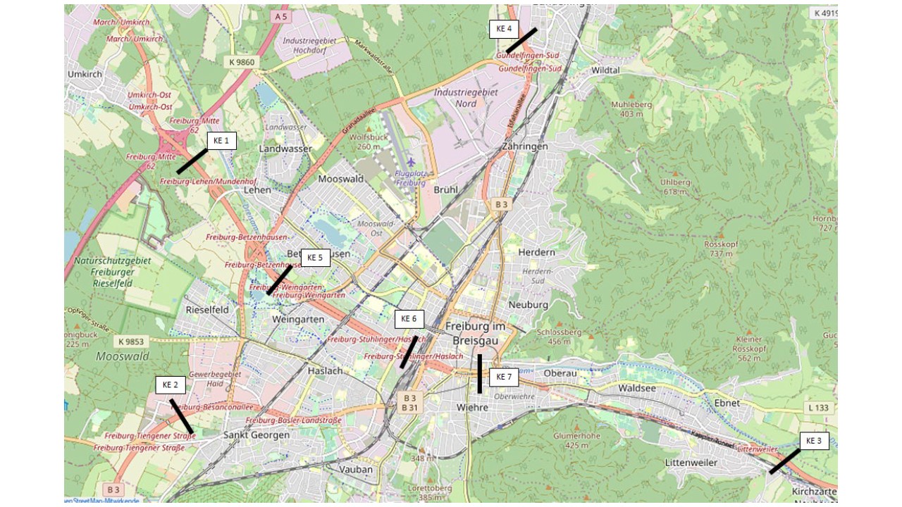 Eine Karte von Freiburg zeigt die Orte an, an denen Kennzeichen erfasst wurden.